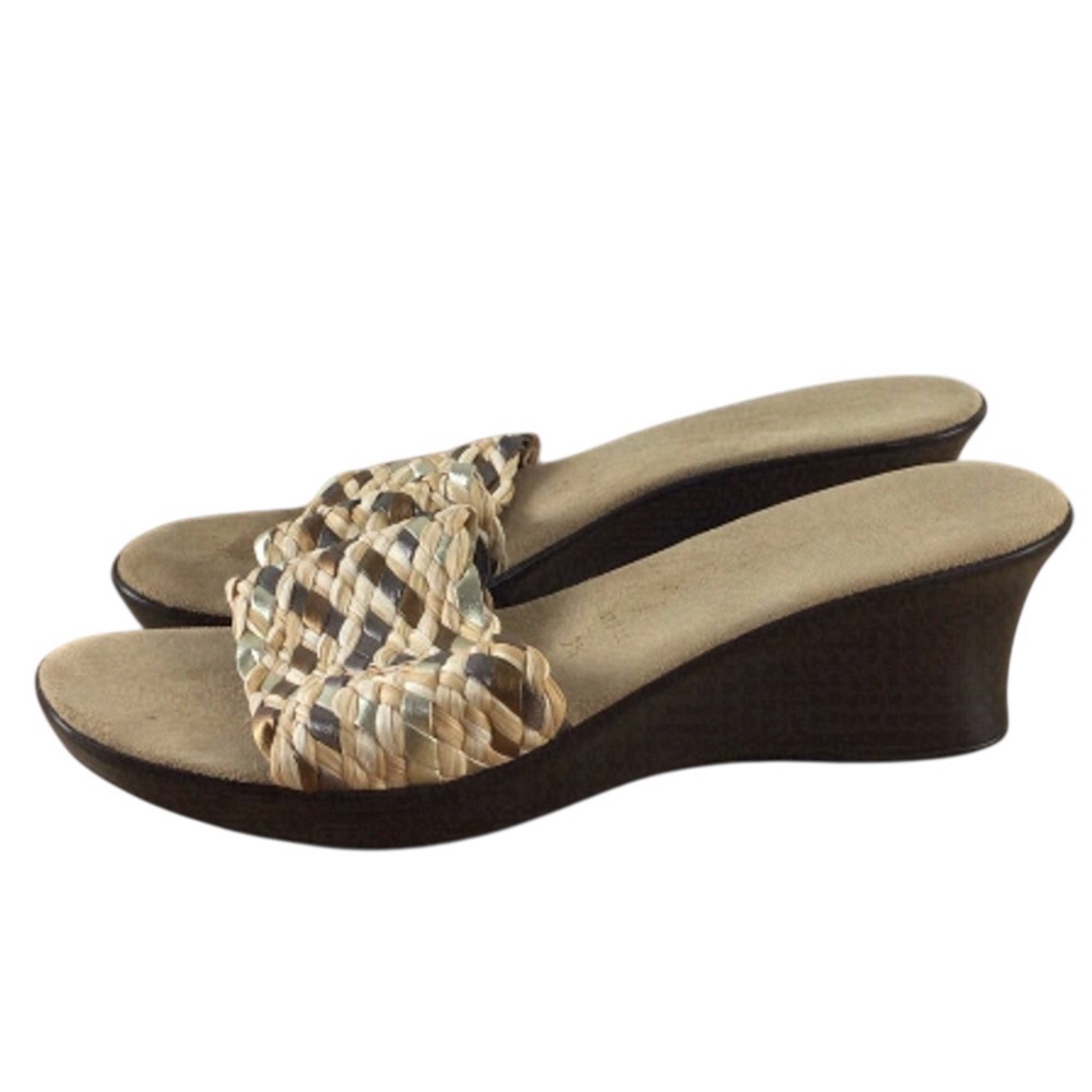 ITALIAN shoemakers slip on round peep mules clogs 7.5 gold silver braided strap